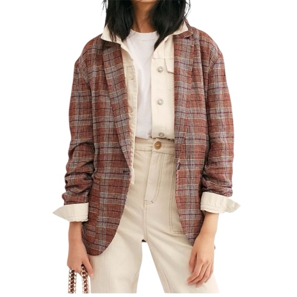 Free People Jackets & Blazers - Free People Plaid Oversized Blazer Jacket Small Burgundy Yellow Boyfriend